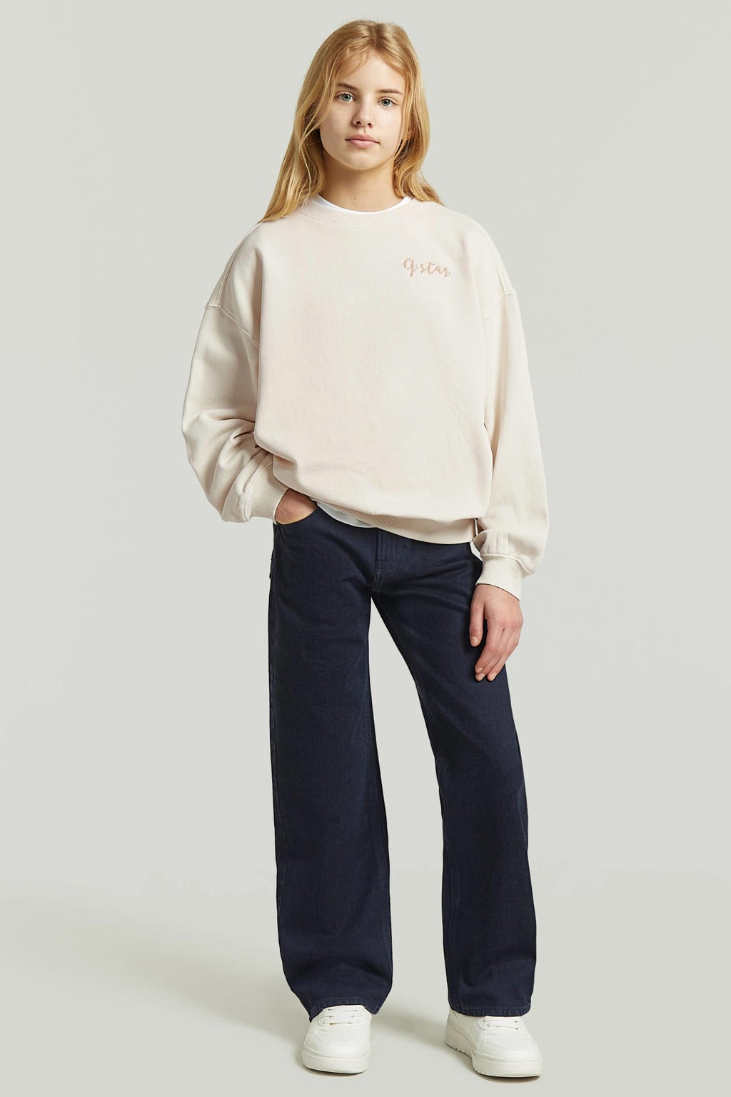 Ecru meisjes G-STAR sweater met effen, lange mouwen, ronde hals en geribde boorden