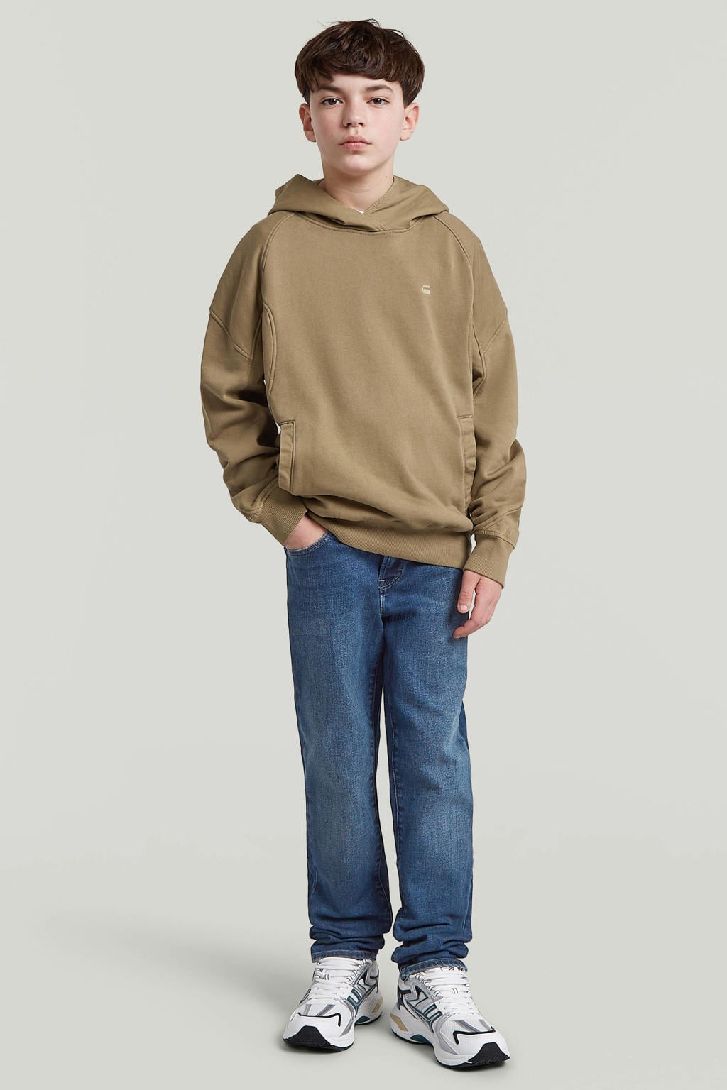 Beige jongens G-STAR sweater met effen, lange mouwen, capuchon en geribde boorden
