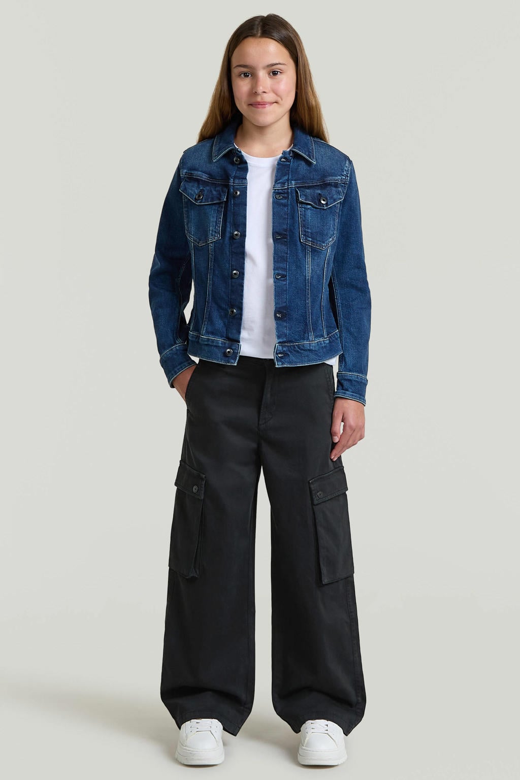 Zwarte meisjes G-STAR straight leg cargobroek van katoen met rits- en knoopsluiting en effen