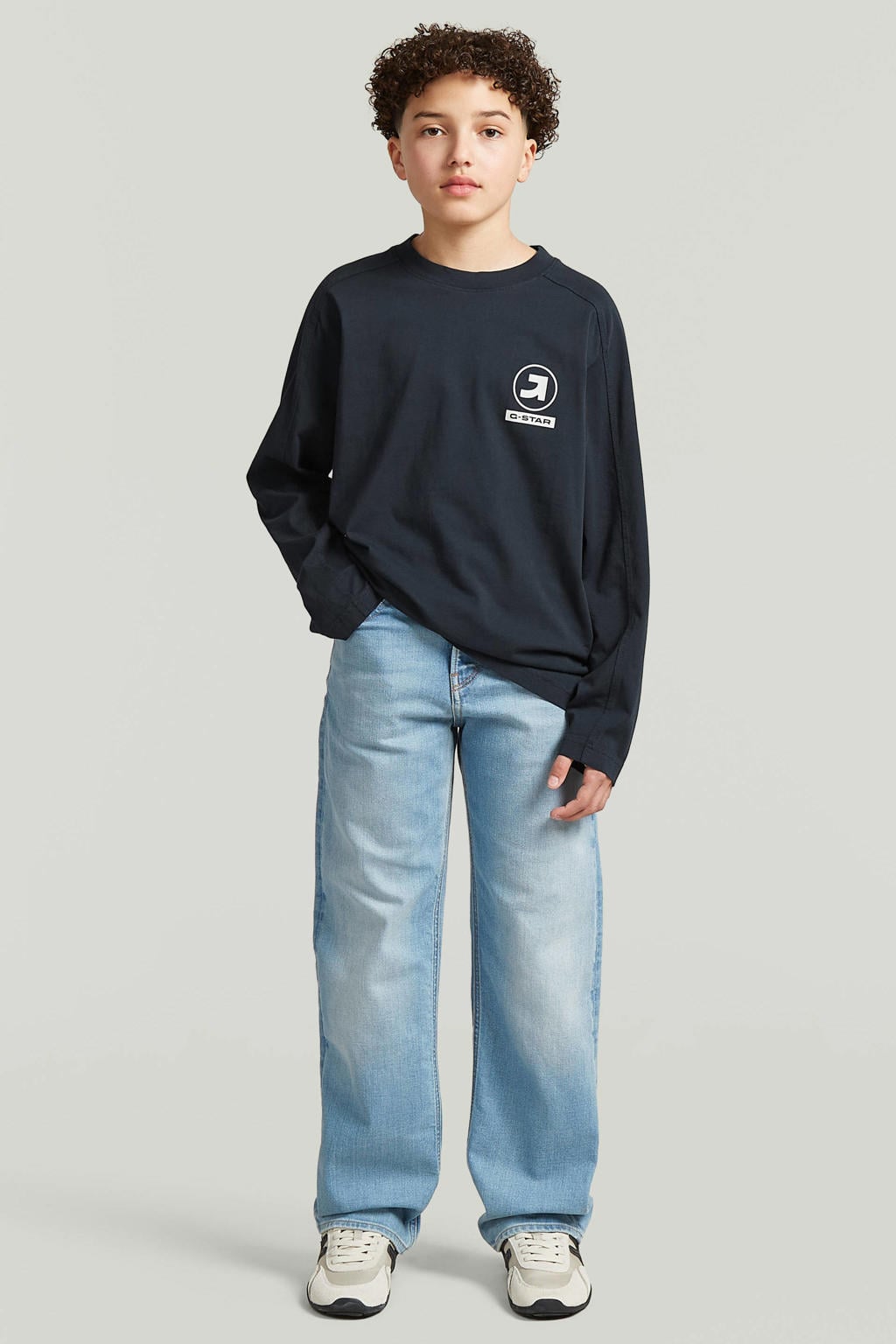 Donkerblauwe jongens G-STAR longsleeve van katoen met printopdruk, lange mouwen en ronde hals