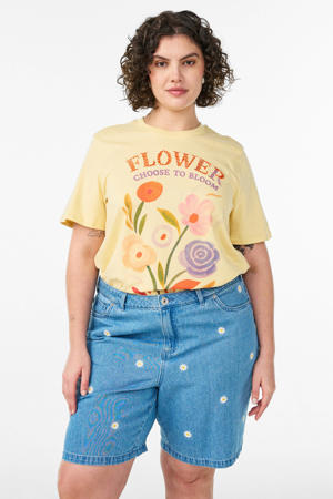 regular high waist gebloemde short broderie medium blue denim
