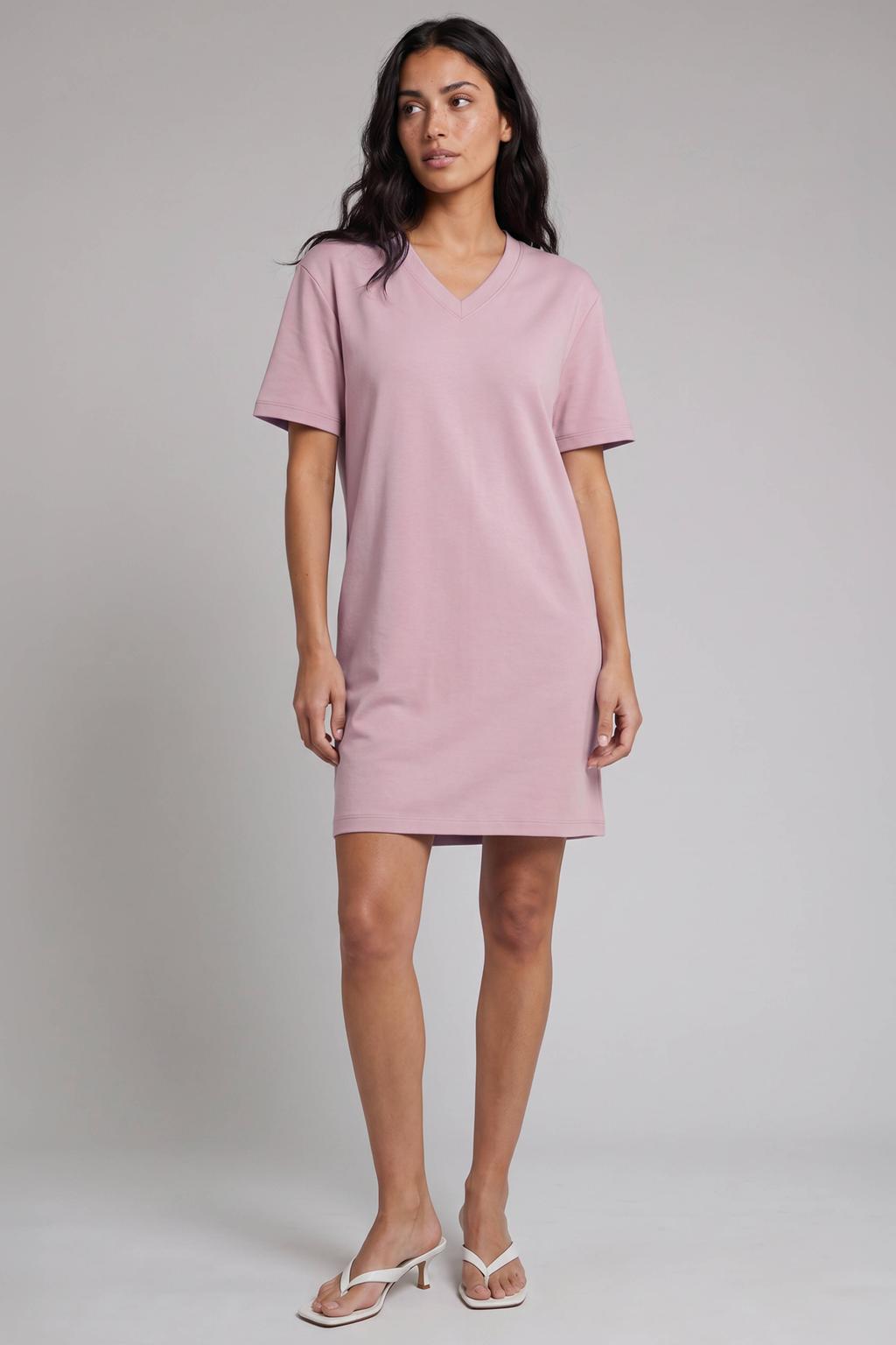 Oudroze dames Pink Noir T-shirtjurk van polyester met effen, korte mouwen en V-hals