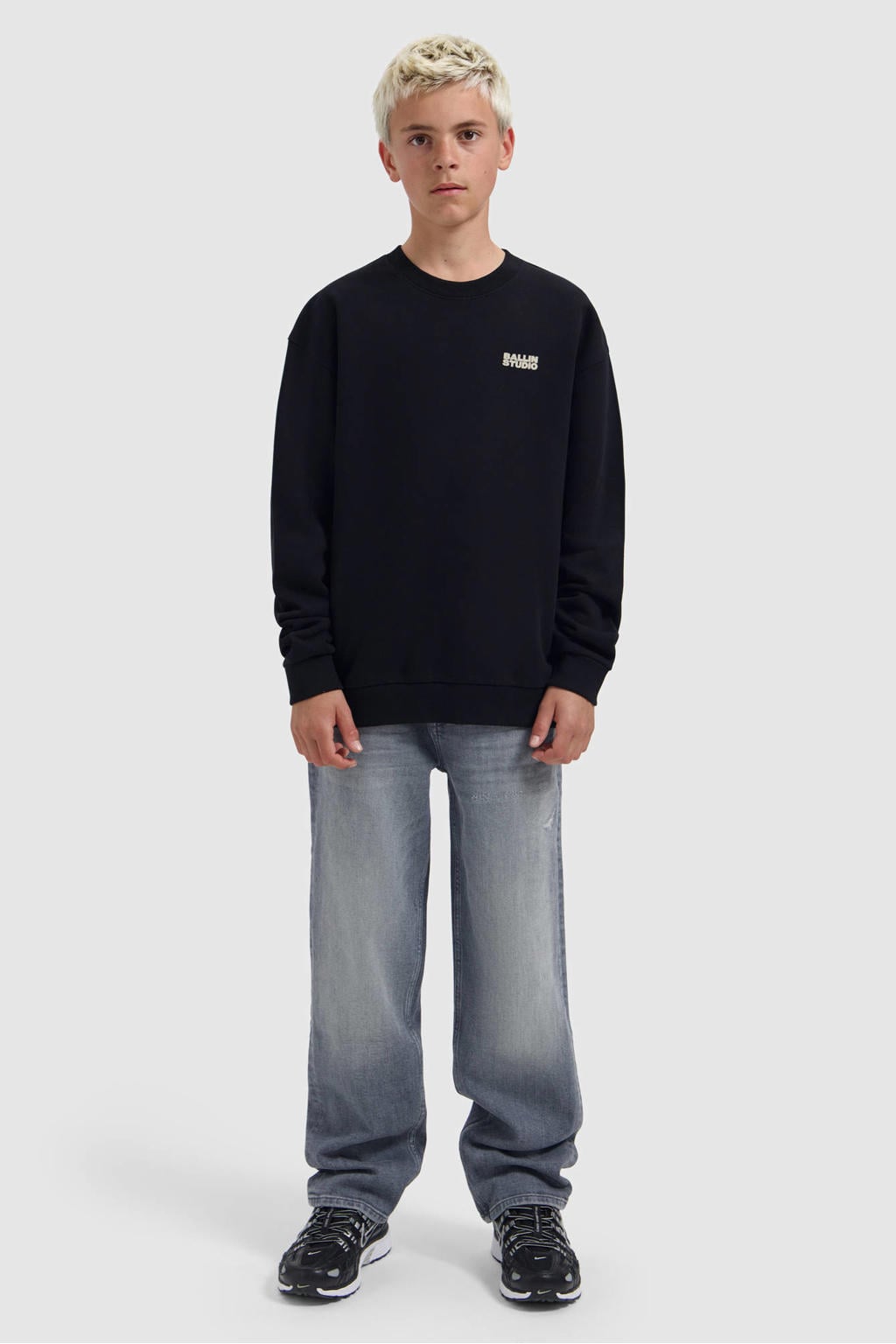 Zwarte jongens Ballin sweater van katoen met backprint, lange mouwen, ronde hals en geribde boorden