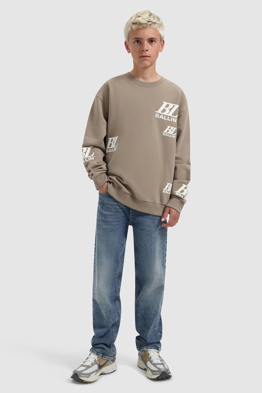 Ballin katoenen sweater met print - taupe/wit