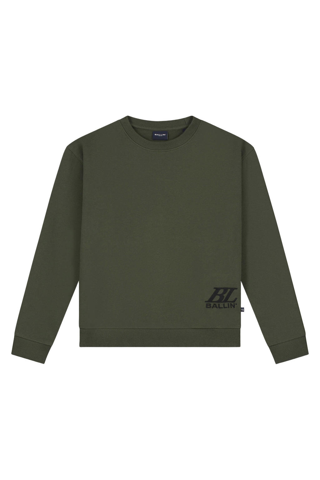 Olijfgroen en zwarte jongens Ballin sweater van katoen met backprint, lange mouwen en ronde hals