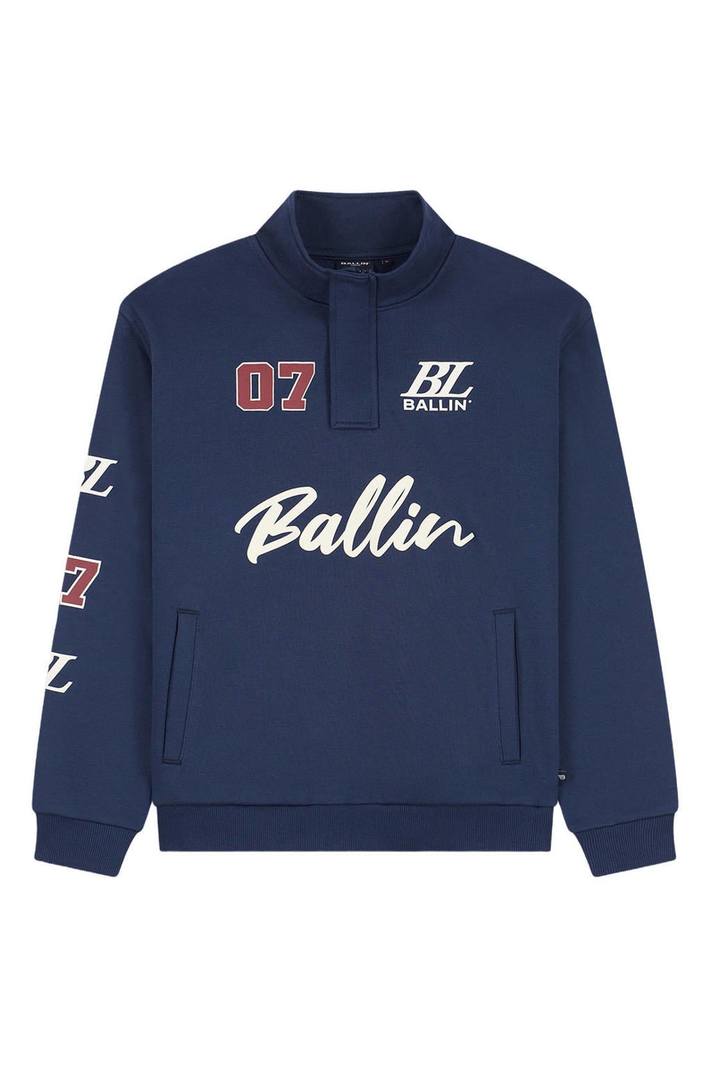 Donkerblauwe jongens Ballin boxy sweater van katoen met backprint, lange mouwen, opstaande kraag en halve rits