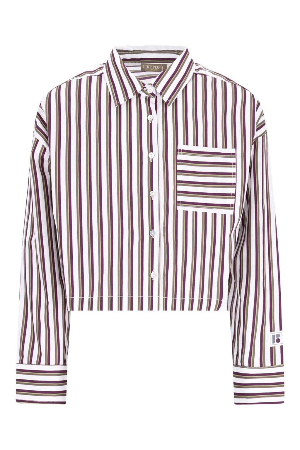 Donkerrood en taupe meisjes Like Flo Young rechtvallende gestreepte blouse van katoen met lange mouwen en knoopsluiting
