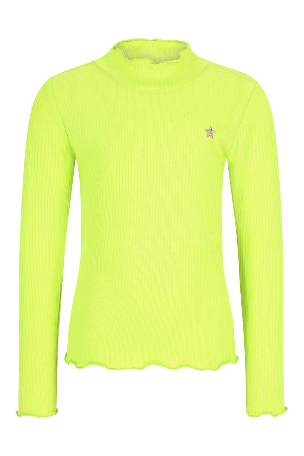 Limegroene meisjes Like Flo getailleerde longsleeve groen van viscose met effen, lange mouwen, opstaande kraag en golvende afwerking