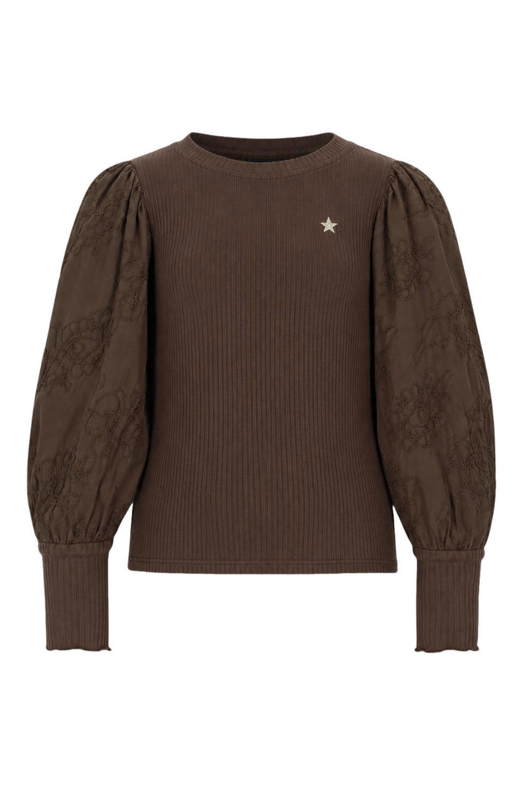 Like Flo getailleerde gebloemde blousetop met borduursels - donkerbruin