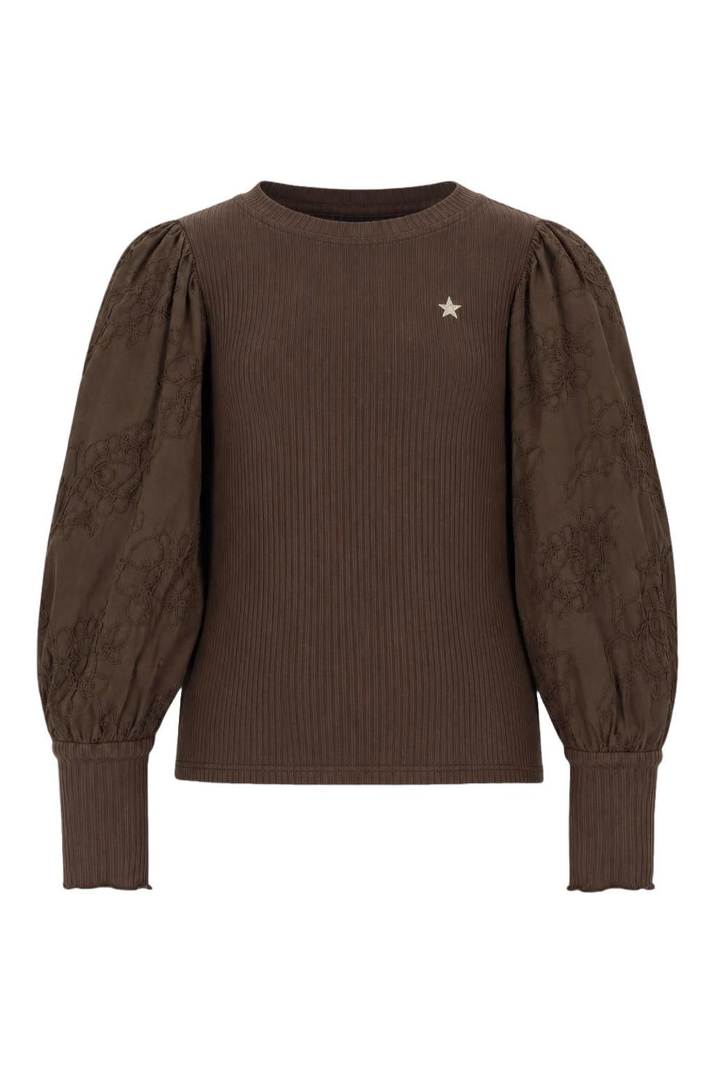 Like Flo getailleerde gebloemde blousetop met borduursels - donkerbruin