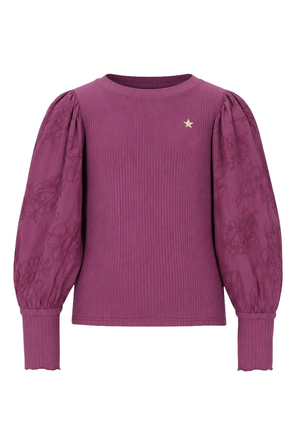 Paarse meisjes Like Flo getailleerde gebloemde blousetop van viscose met lange mouwen, ronde hals en borduursels