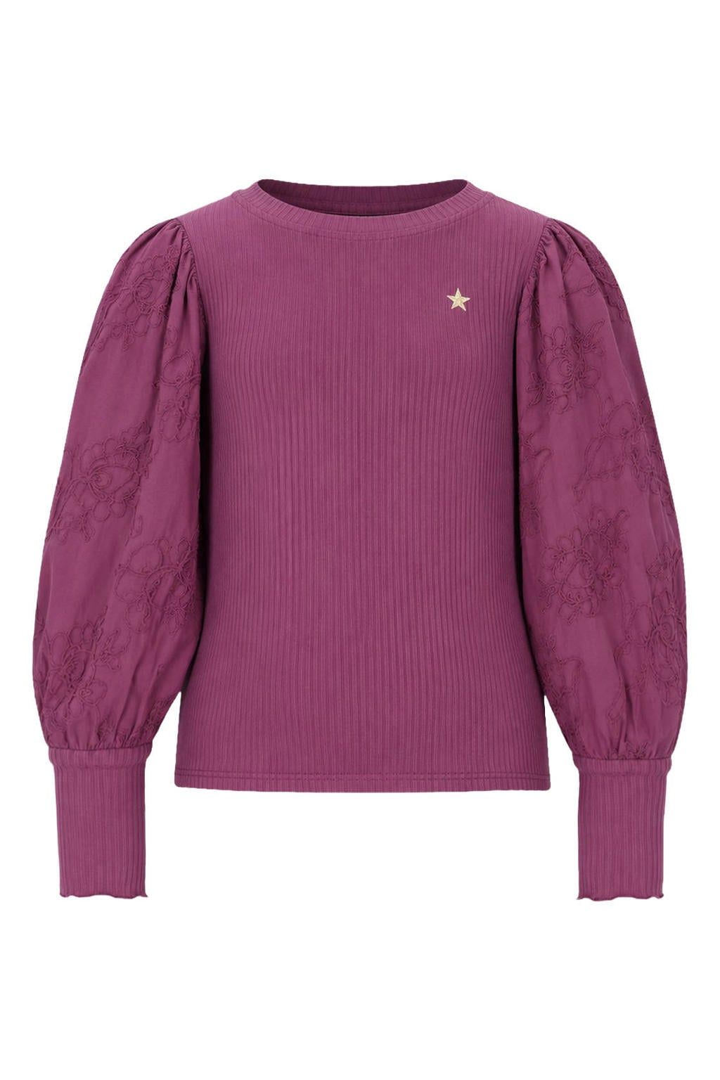 Paarse meisjes Like Flo getailleerde gebloemde blousetop van viscose met lange mouwen, ronde hals en borduursels