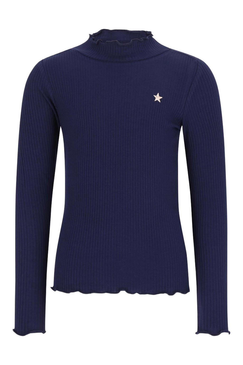 Donkerblauwe meisjes Like Flo getailleerde longsleeve afwerking van viscose met effen, lange mouwen en opstaande kraag