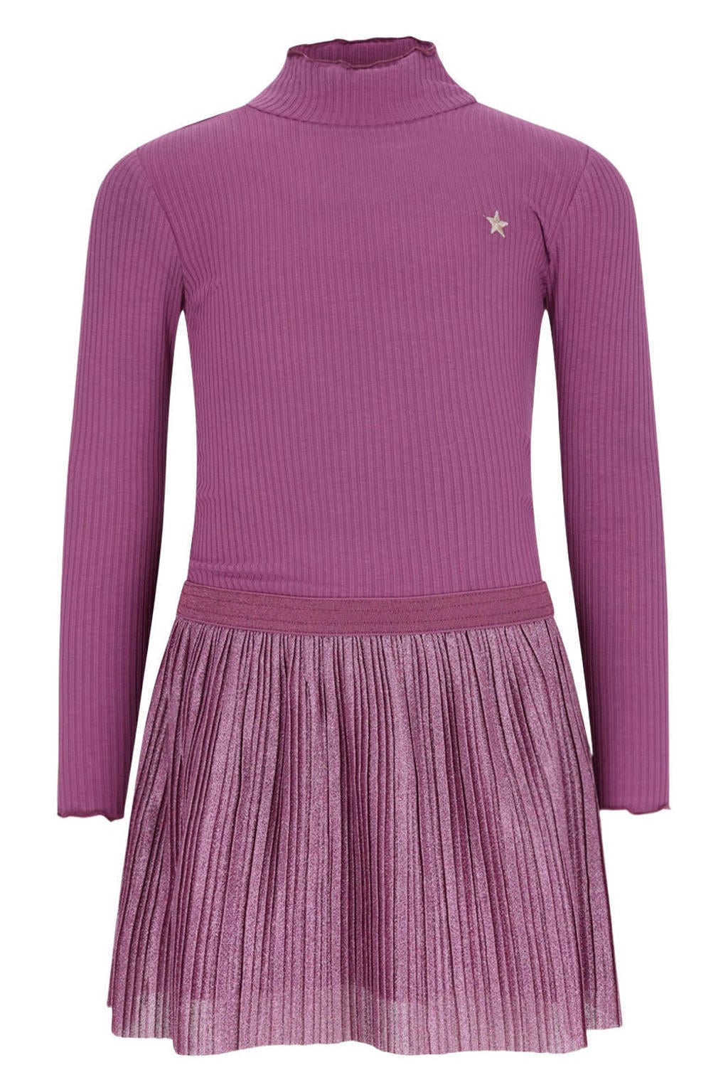 Donkerpaarse meisjes Like Flo semi-transparante plissé midi glitterjurk van viscose met effen, lange mouwen en col