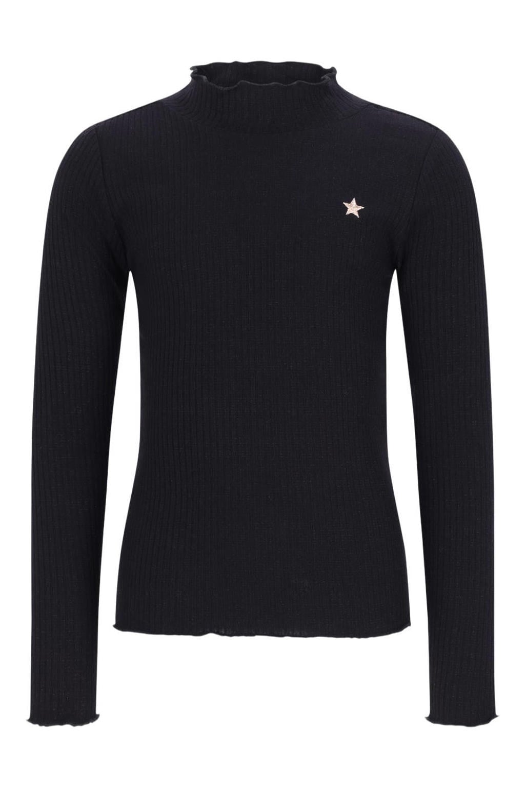 Zwarte meisjes Like Flo getailleerde longsleeve van viscose met effen, lange mouwen, opstaande kraag en glitters