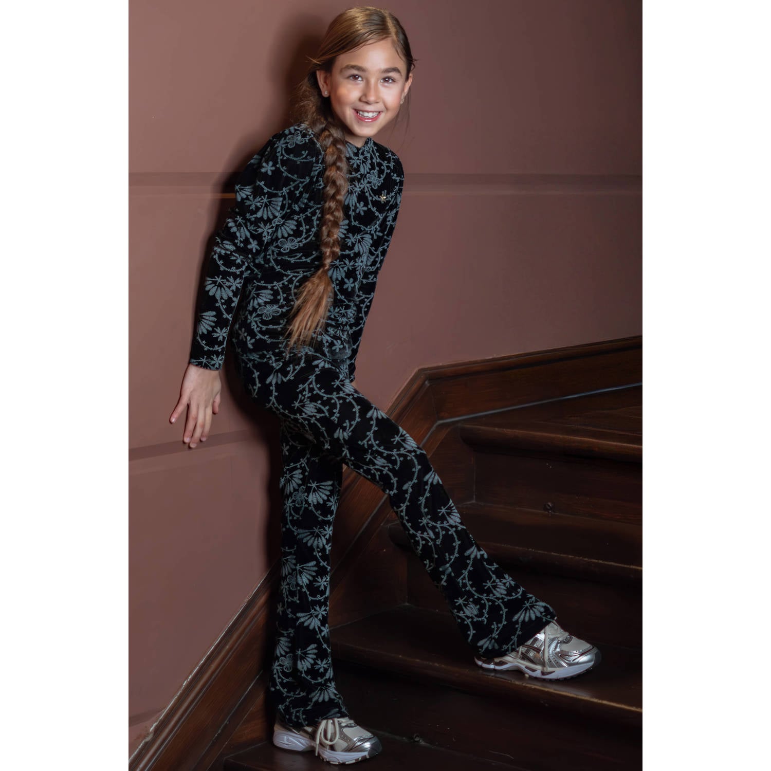 Like Flo fluwelen flared broek met print antraciet