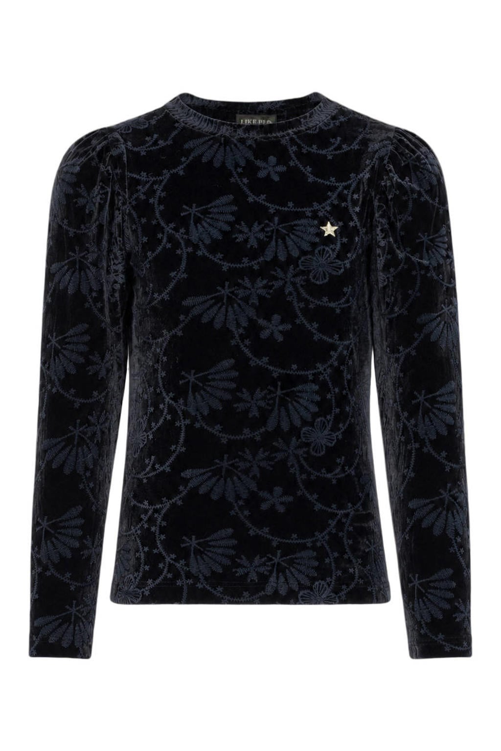 Antraciete meisjes Like Flo fluwelen getailleerde longsleeve met lange mouwen en ronde hals