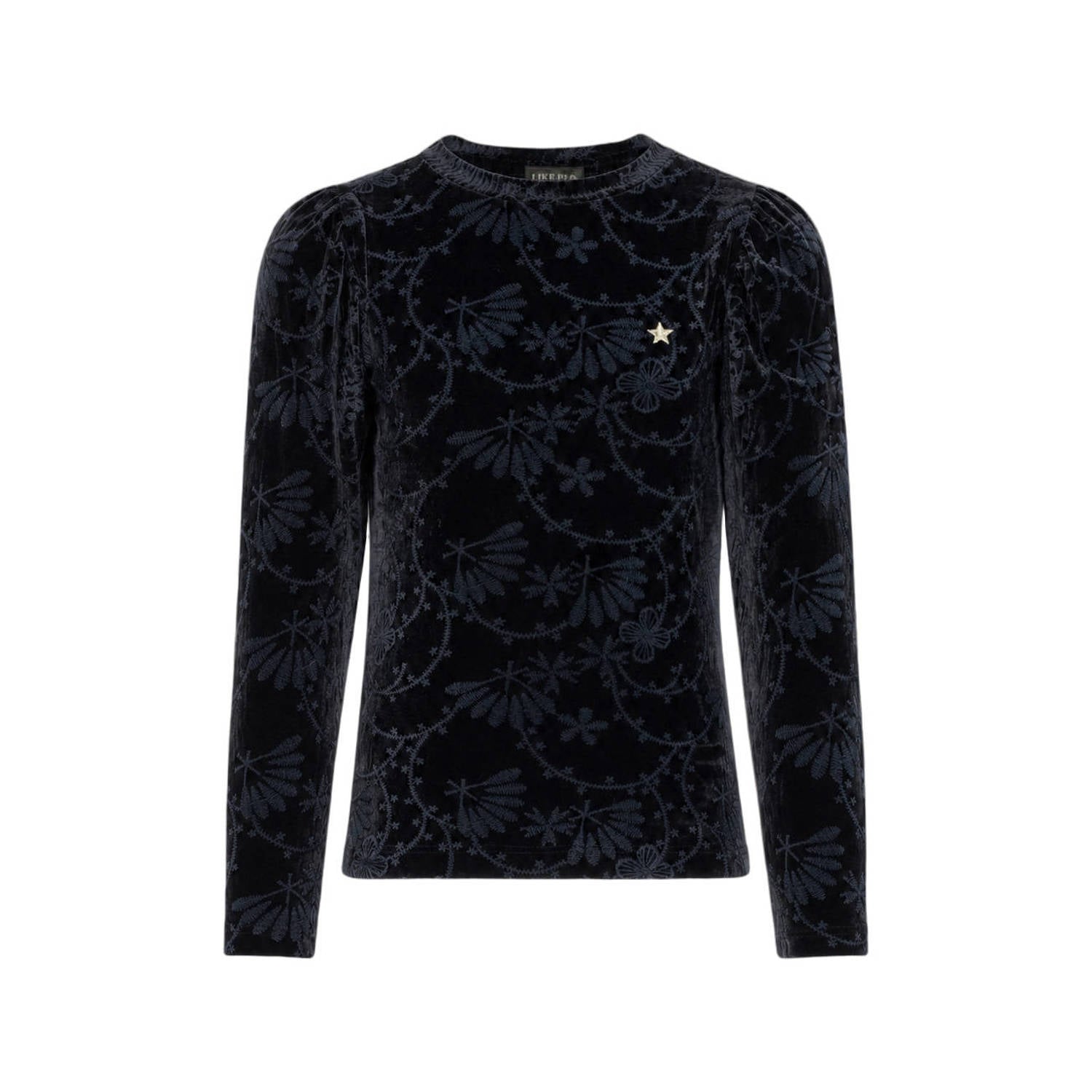 Like Flo fluwelen getailleerde longsleeve met print antraciet