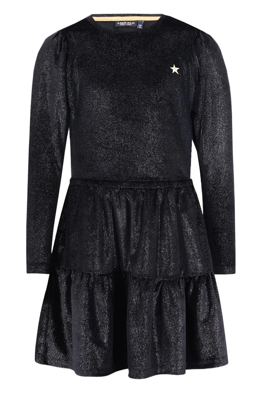 Zwarte meisjes Like Flo korte glitterjurk van polyester met effen, lange mouwen, ronde hals en elastische tailleband