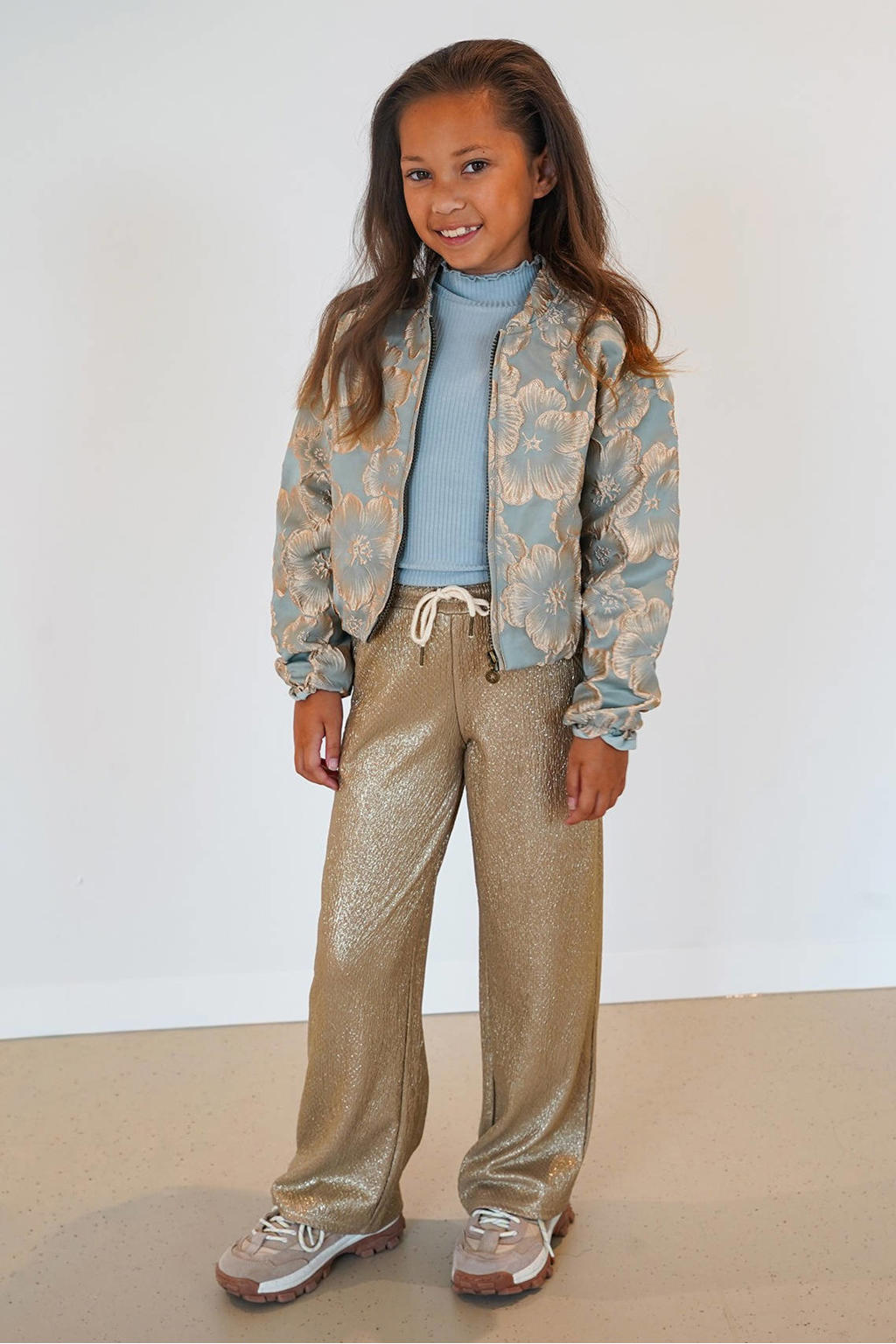 Like Flo gebloemde jacquard jas - lichtblauw