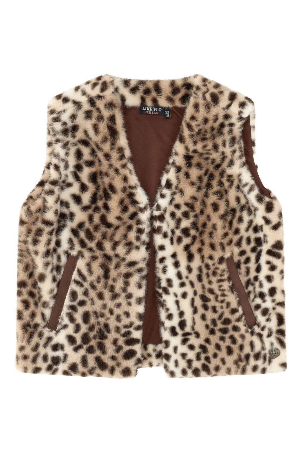 Bruine meisjes Like Flo imitatiebont gilet met dierenprint, openvallende hals en knoopsluiting