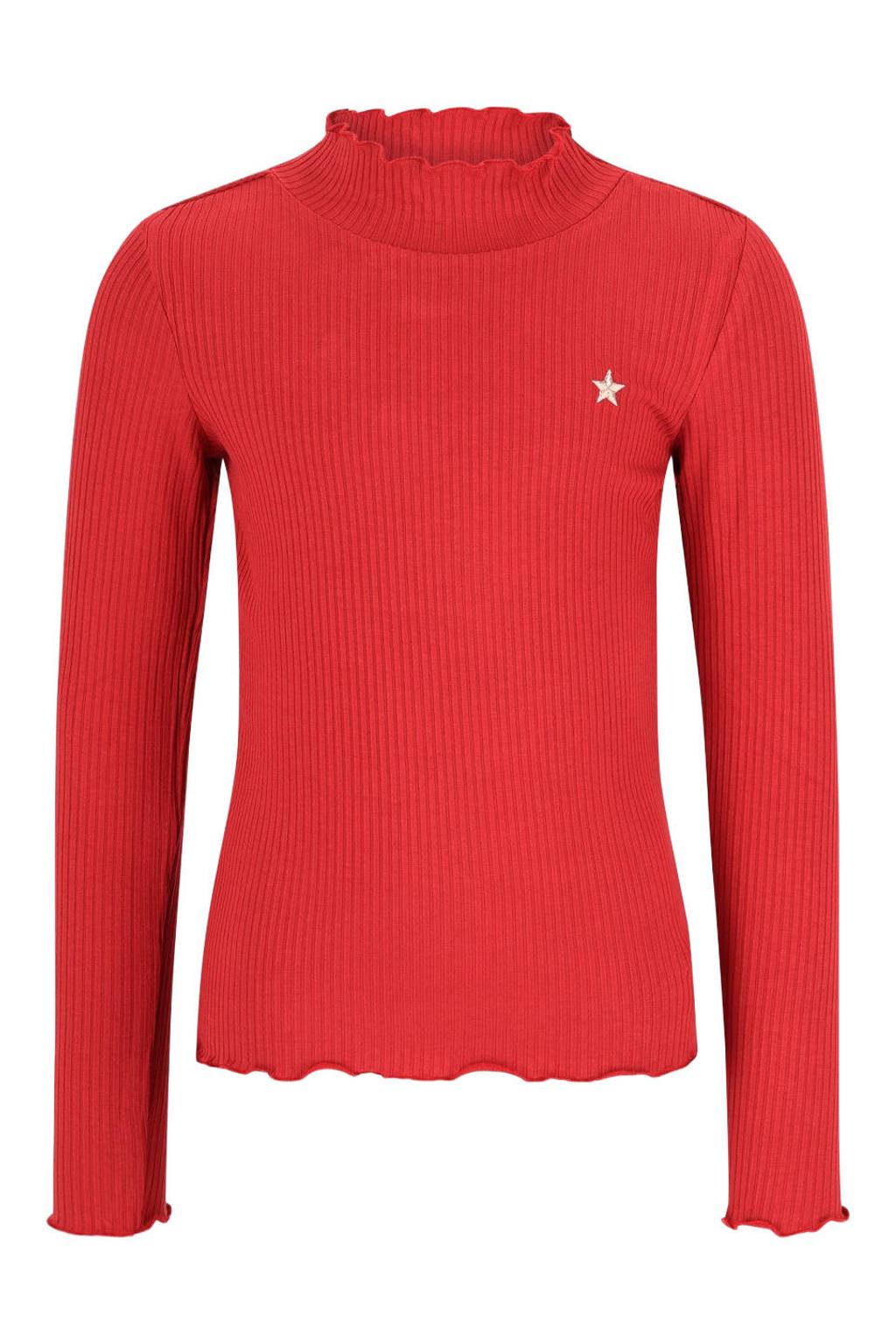 Rode meisjes Like Flo getailleerde longsleeve van viscose met effen, lange mouwen, opstaande kraag en golvende afwerking
