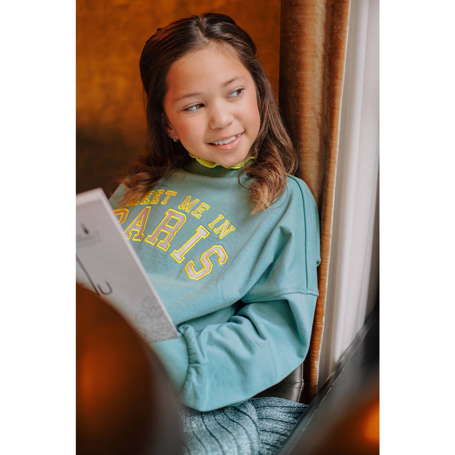 Like Flo oversized sweater met print turquoise geel