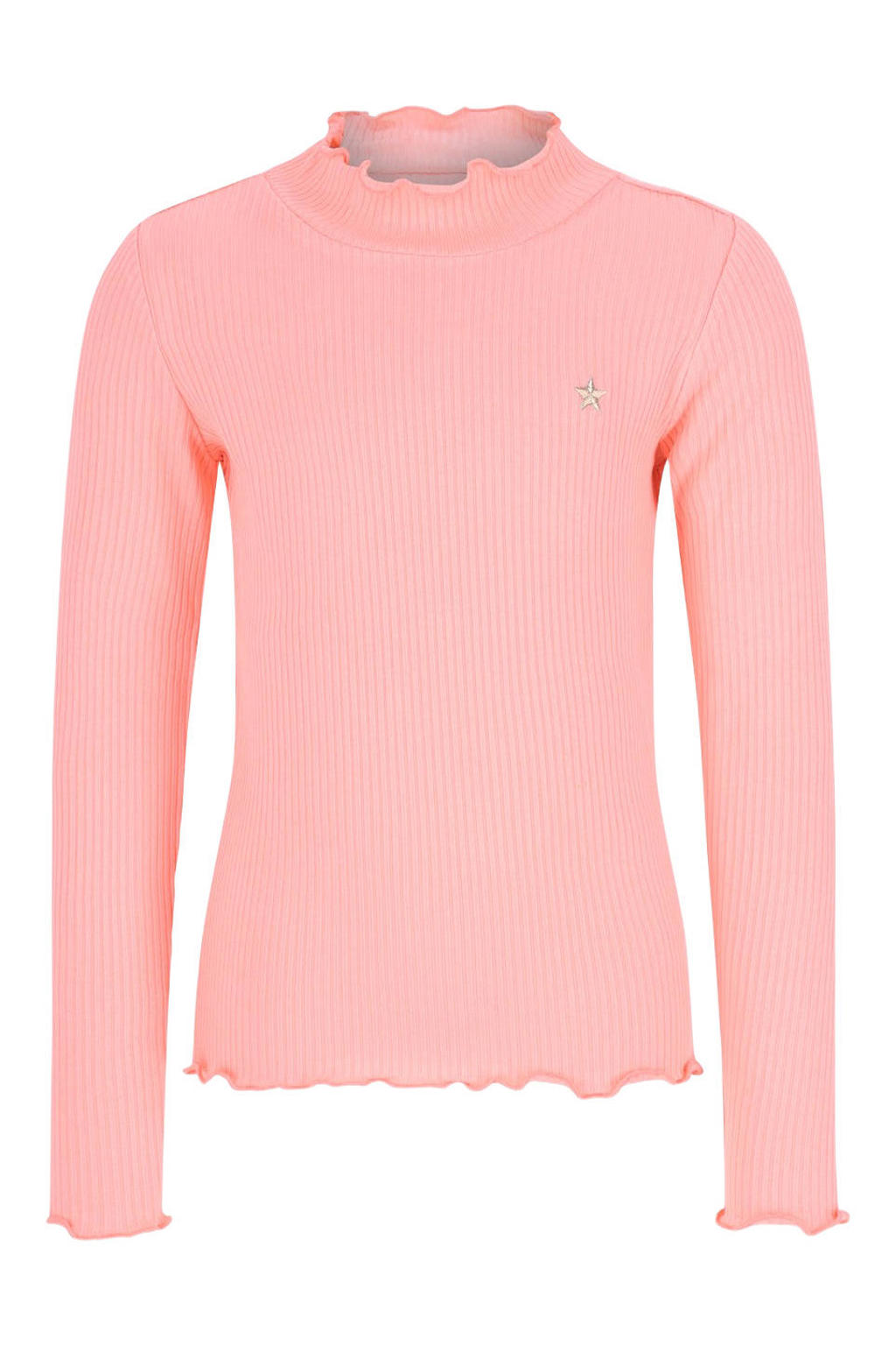 Roze meisjes Like Flo getailleerde longsleeve van viscose met effen, lange mouwen, opstaande kraag en golvende afwerking