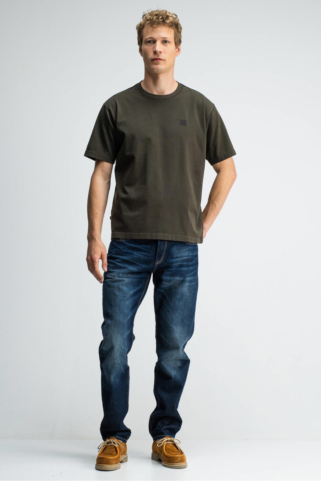 Bruine heren Butcher of Blue Army loose T-shirt van katoen met effen, korte mouwen en ronde hals