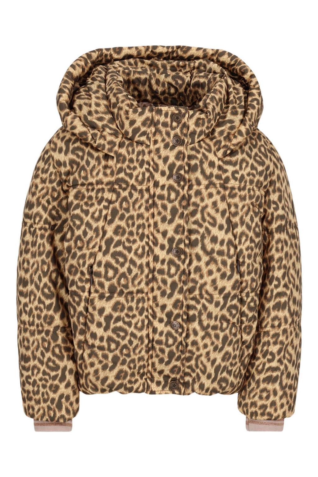 Bruine meisjes Like Flo quilted winterjas van polyester met dierenprint, lange mouwen, capuchon en rits- en drukknoopsluiting