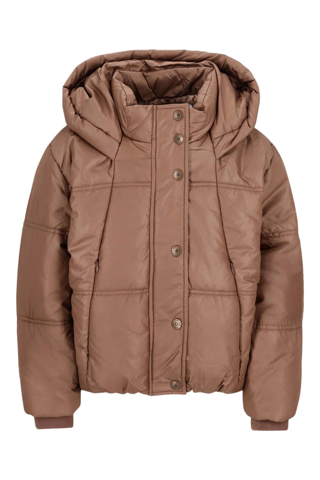 Bruine meisjes Like Flo quilted winterjas van polyester met effen, lange mouwen, capuchon en rits- en drukknoopsluiting