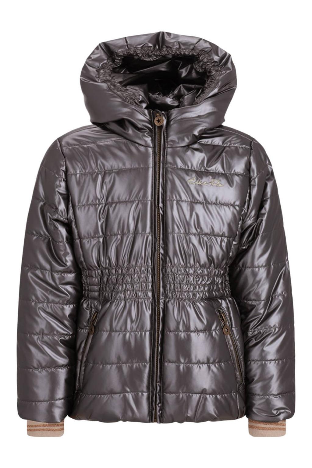 Zilverkleurige meisjes Like Flo quilted winterjas van polyester met effen, lange mouwen, capuchon, ritssluiting en glimmend detail