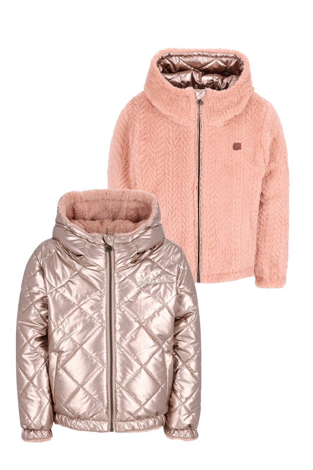 Roze en metallickleurige meisjes Like Flo winterjas van polyester met effen, lange mouwen, capuchon, ritssluiting en glimmend detail