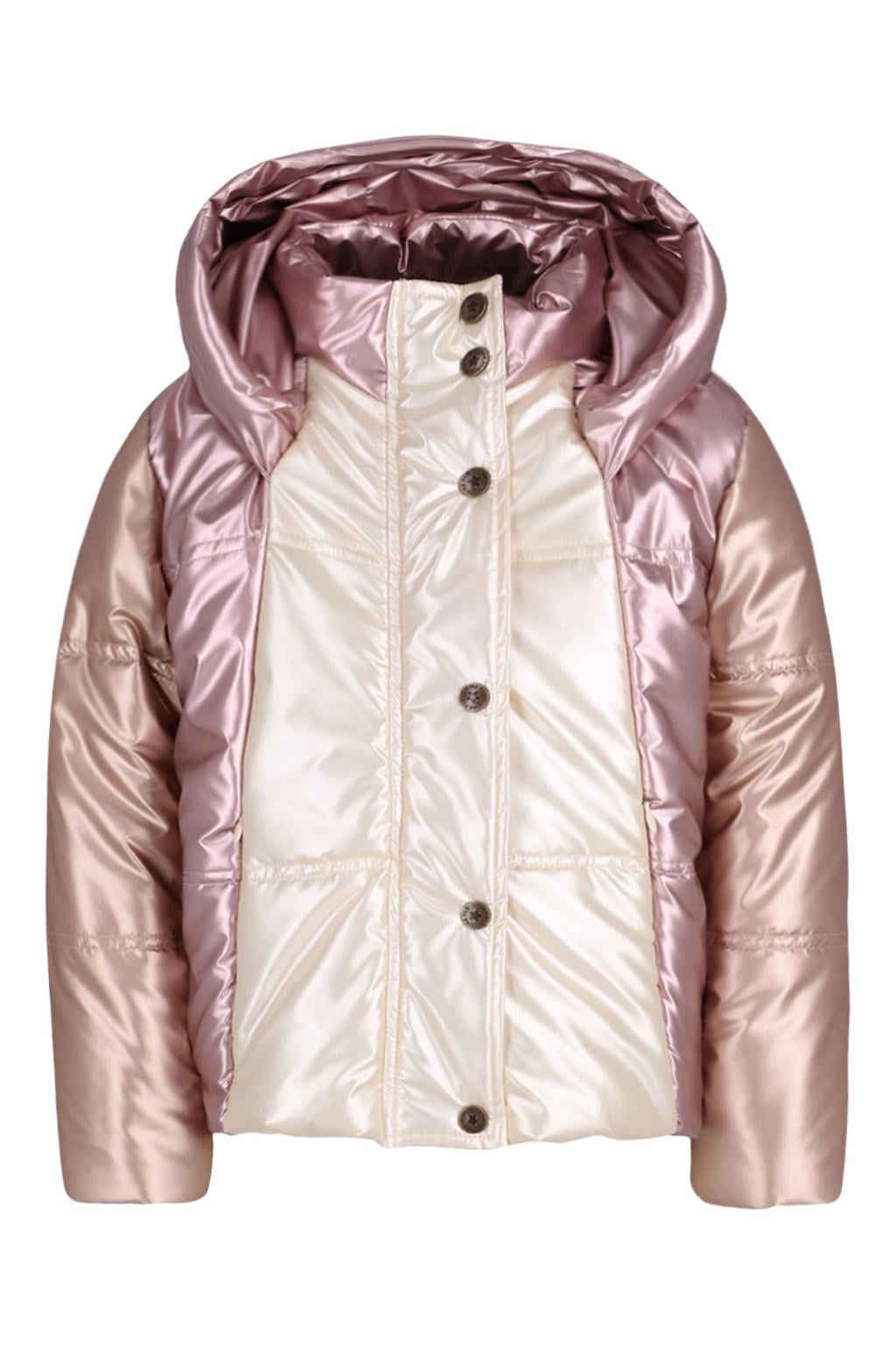 Roze, ecru en roségouden meisjes Like Flo gewatteerde winterjas van polyester met meerkleurige print, lange mouwen, capuchon, rits- en drukknoopsluiting en glimmend detail