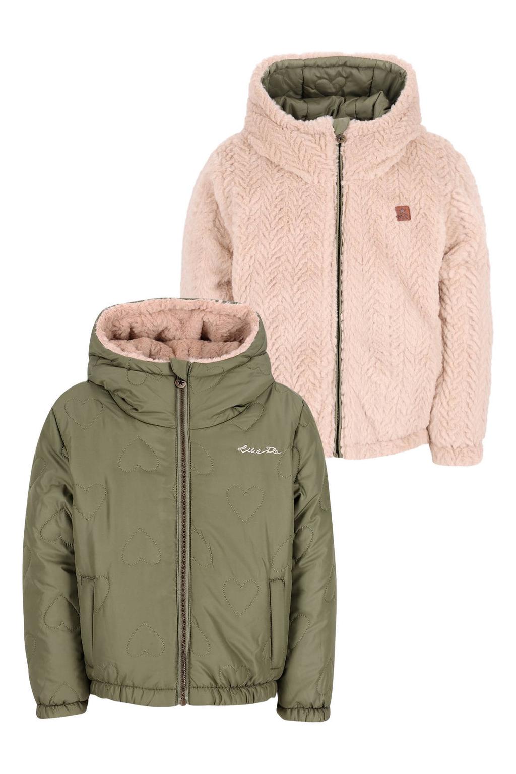 Donkergroen en beige meisjes Like Flo winterjas van polyester met effen, lange mouwen, capuchon, ritssluiting en reversible detail