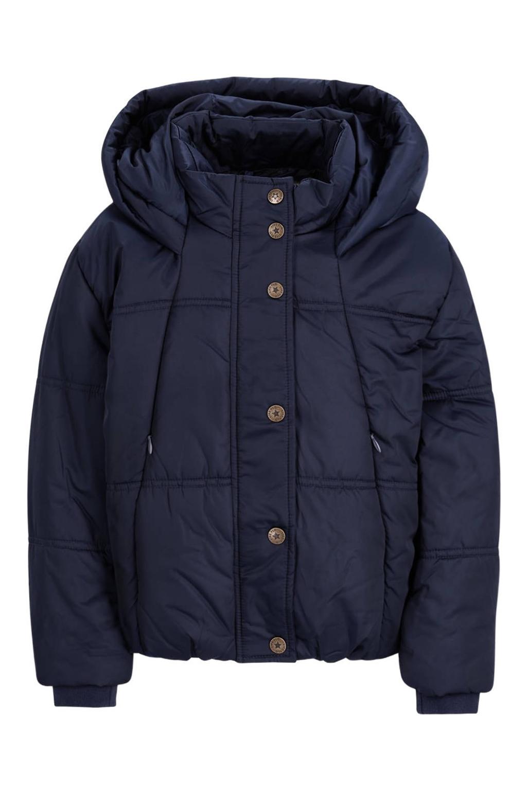 Marineblauw meisjes Like Flo quilted winterjas blauw van polyester met effen, lange mouwen, capuchon en rits- en drukknoopsluiting