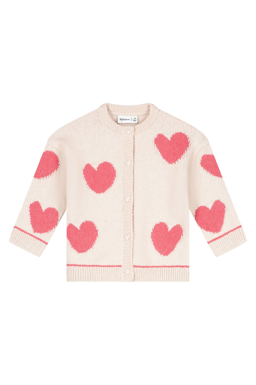 Lichtroze en witte meisjes Babyface gebreid vest van katoen met lange mouwen, ronde hals en knoopsluiting
