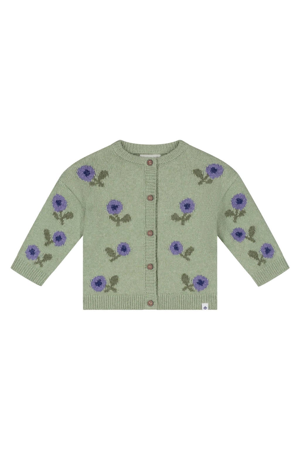 Groen en paarse meisjes Babyface katoenen gebreide gebloemd vest met lange mouwen, ronde hals en knoopsluiting