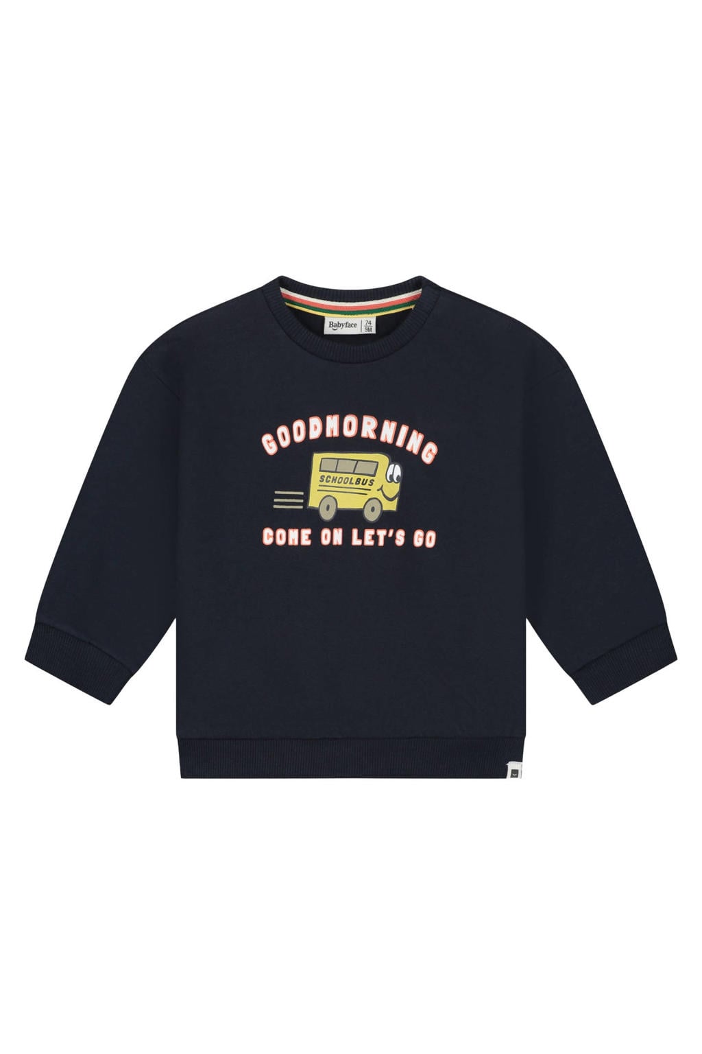 Donkerblauwe jongens Babyface sweater met printopdruk, lange mouwen, ronde hals en drukknoopsluiting