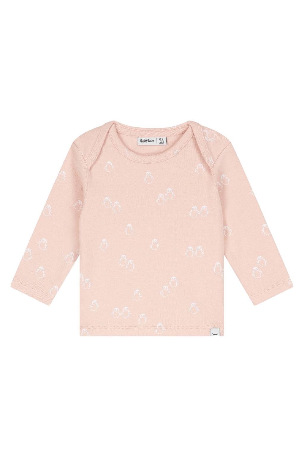 Lichtroze jongens en meisjes Babyface longsleeve van stretchkatoen met lange mouwen, ronde hals en drukknoopsluiting