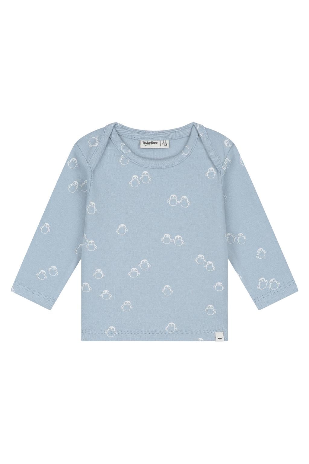 Lichtblauwe jongens en meisjes Babyface longsleeve van stretchkatoen met lange mouwen, ronde hals en drukknoopsluiting