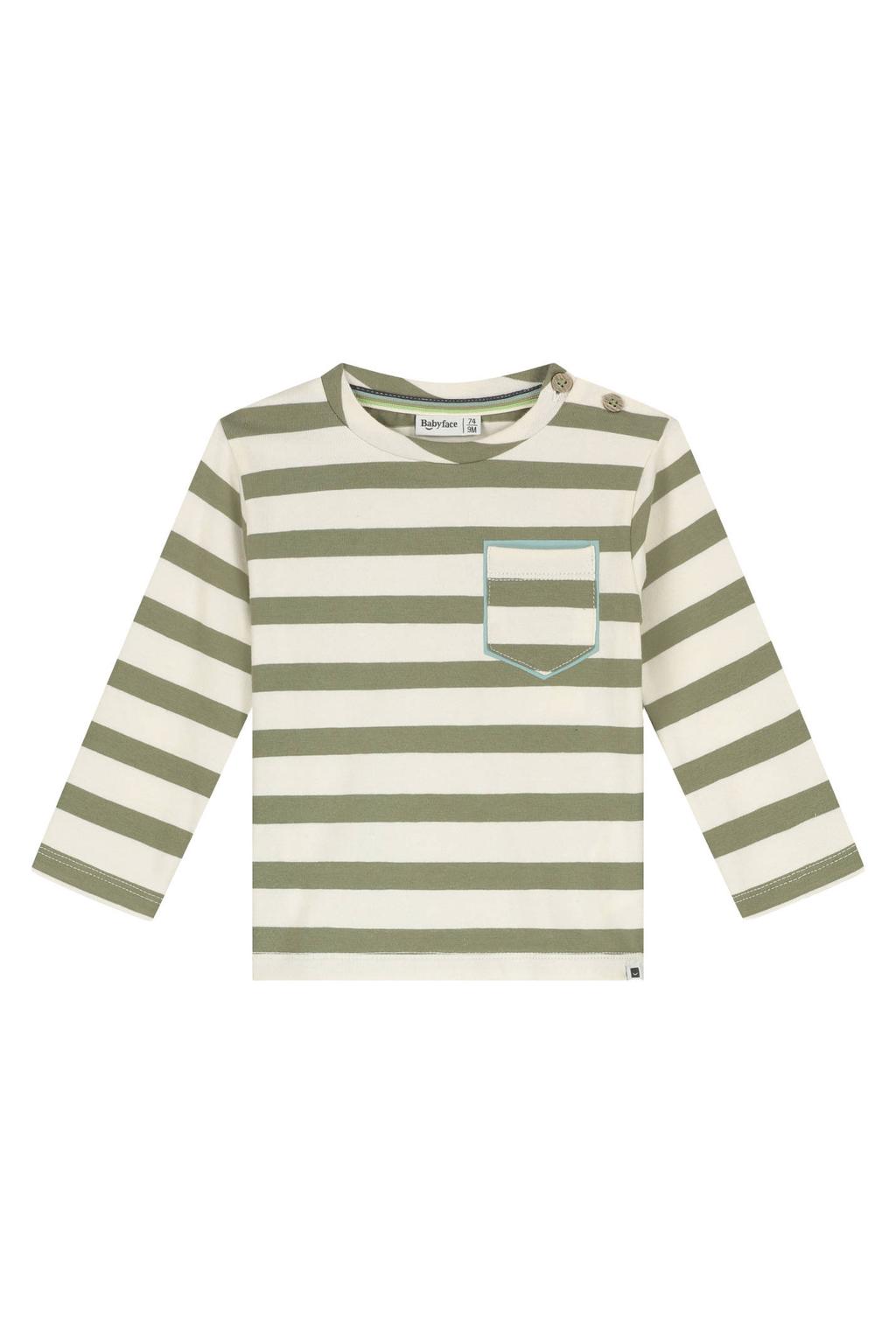 Groene jongens Babyface rechtvallende gestreepte longsleeve van stretchkatoen met lange mouwen, ronde hals en drukknoopsluiting