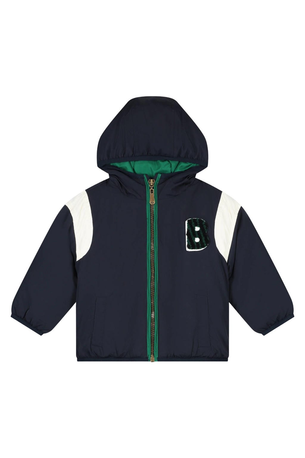 Donkerblauw, wit en groene jongens Babyface winterjas van polyamide met meerkleurige print, lange mouwen, capuchon, ritssluiting en 3D applicatie