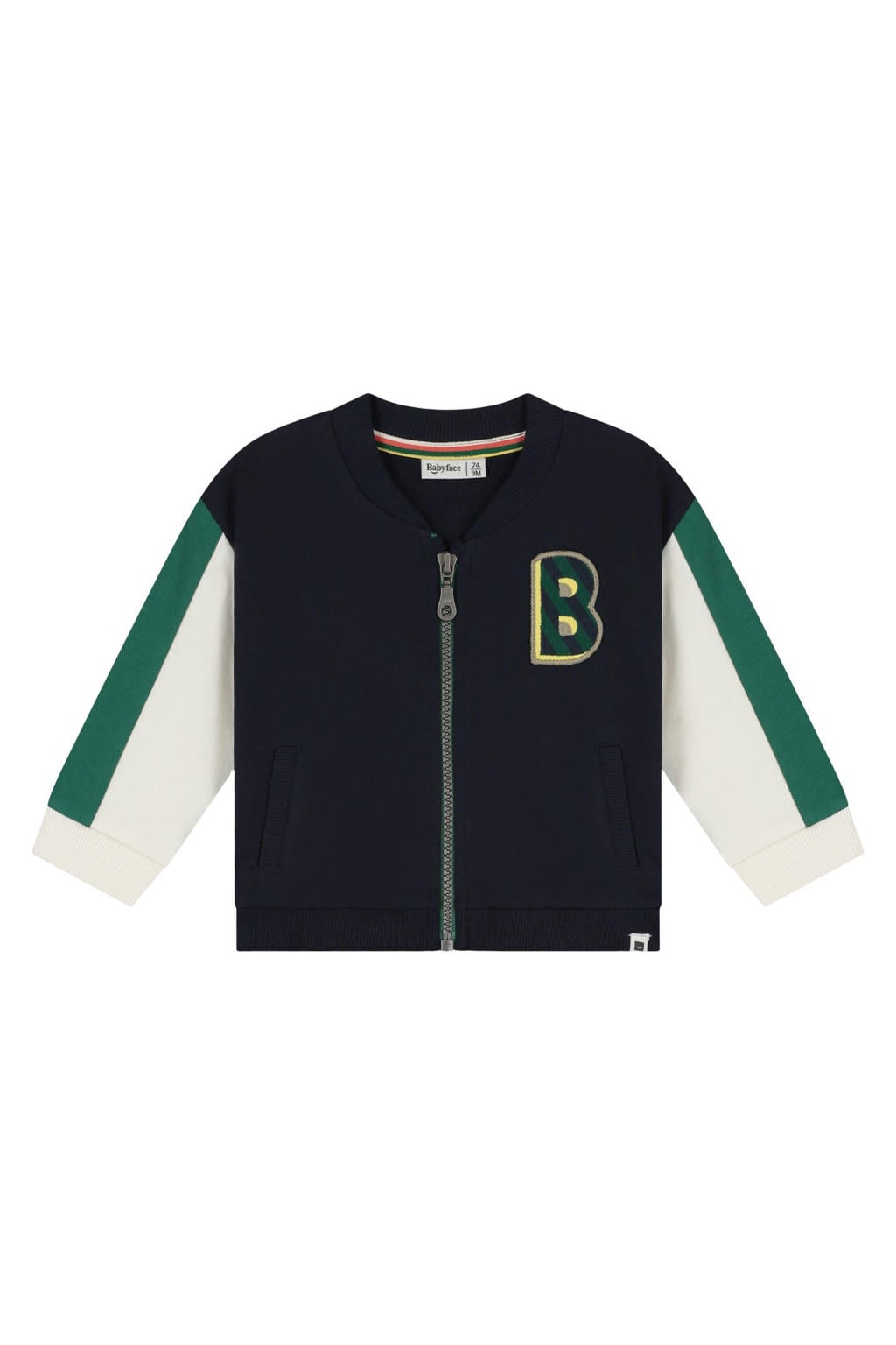 Donkerblauw, wit en groene jongens Babyface sweatvest van stretchkatoen met meerkleurige print, lange mouwen, ronde hals, ritssluiting en 3D applicatie