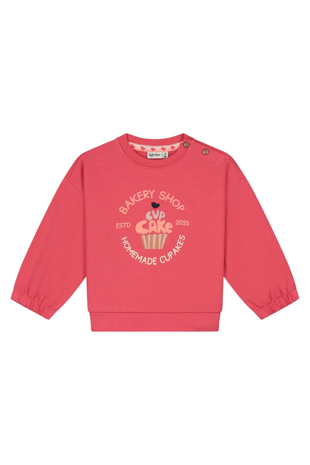 Rode meisjes Babyface sweater met printopdruk, lange mouwen, ronde hals en drukknoopsluiting