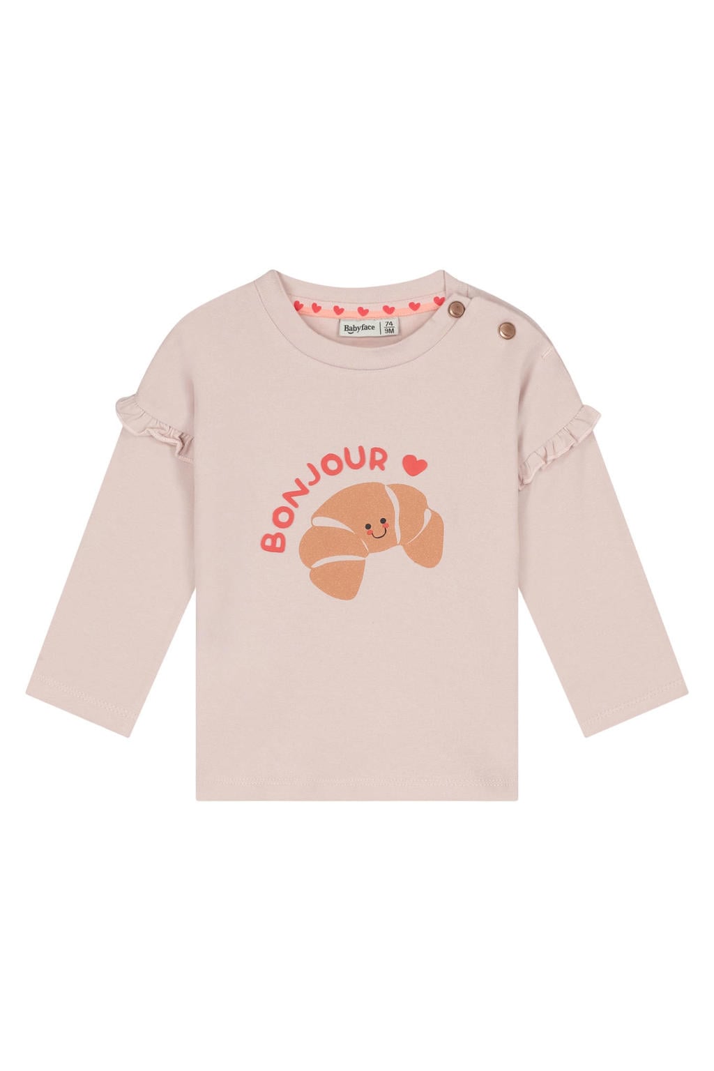 Lichtroze meisjes Babyface longsleeve en print met lange mouwen, ronde hals, drukknoopsluiting en ruches