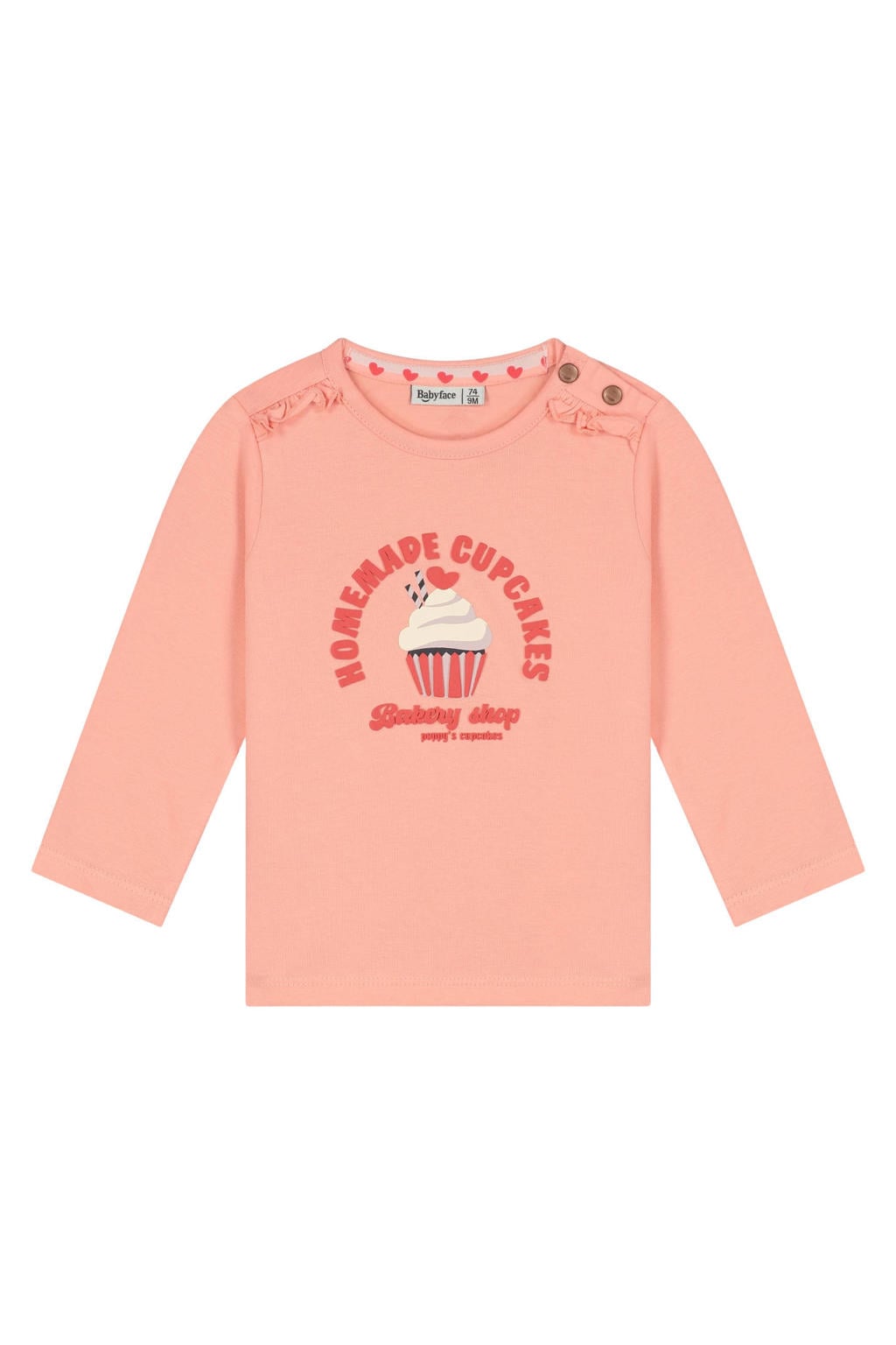 Zalmkleurige meisjes Babyface longsleeve roze van stretchkatoen met printopdruk, lange mouwen en drukknoopsluiting