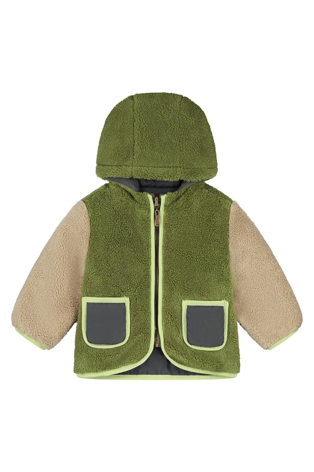 Groen en antraciete jongens Babyface teddy reversible jas met meerkleurige print, lange mouwen, capuchon en ritssluiting
