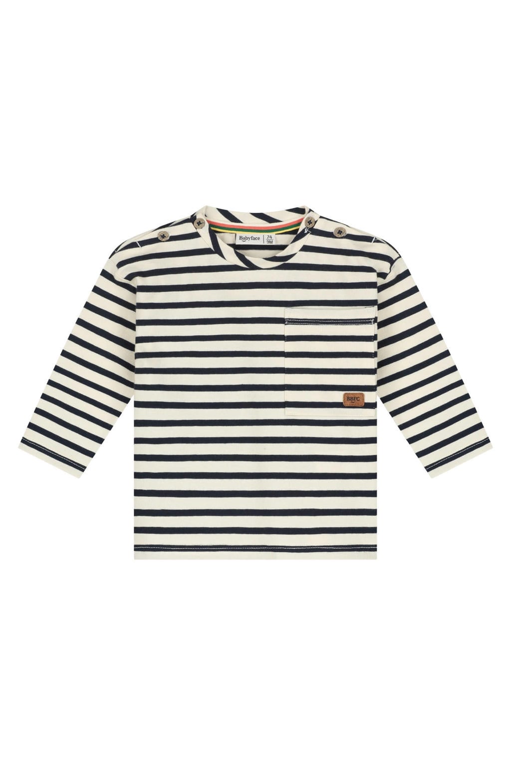 Donkerblauw en ecru jongens Babyface gestreepte longsleeve van stretchkatoen met lange mouwen, ronde hals en knoopsluiting