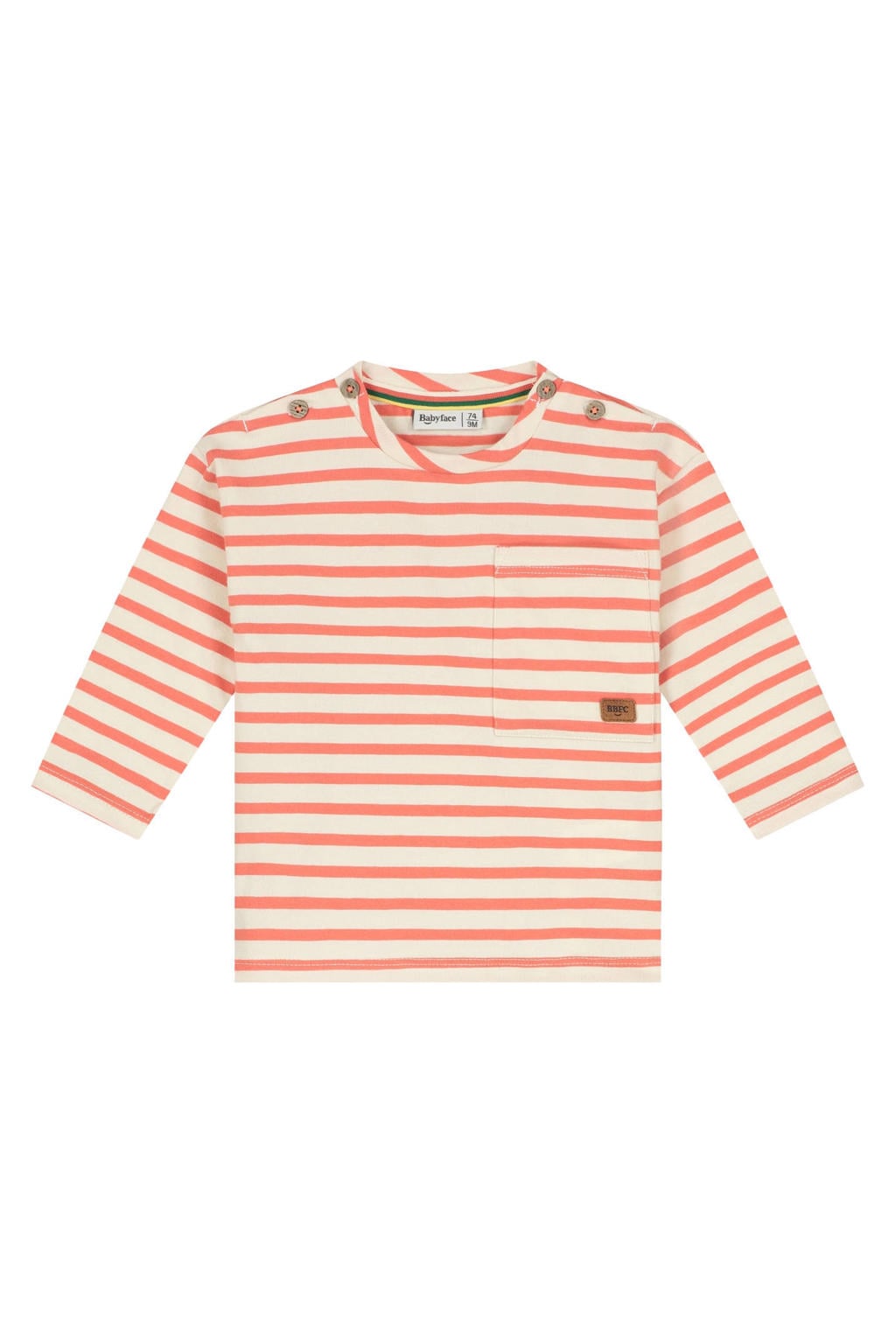 Oranje en ecru jongens Babyface gestreepte longsleeve van stretchkatoen met lange mouwen, ronde hals en knoopsluiting